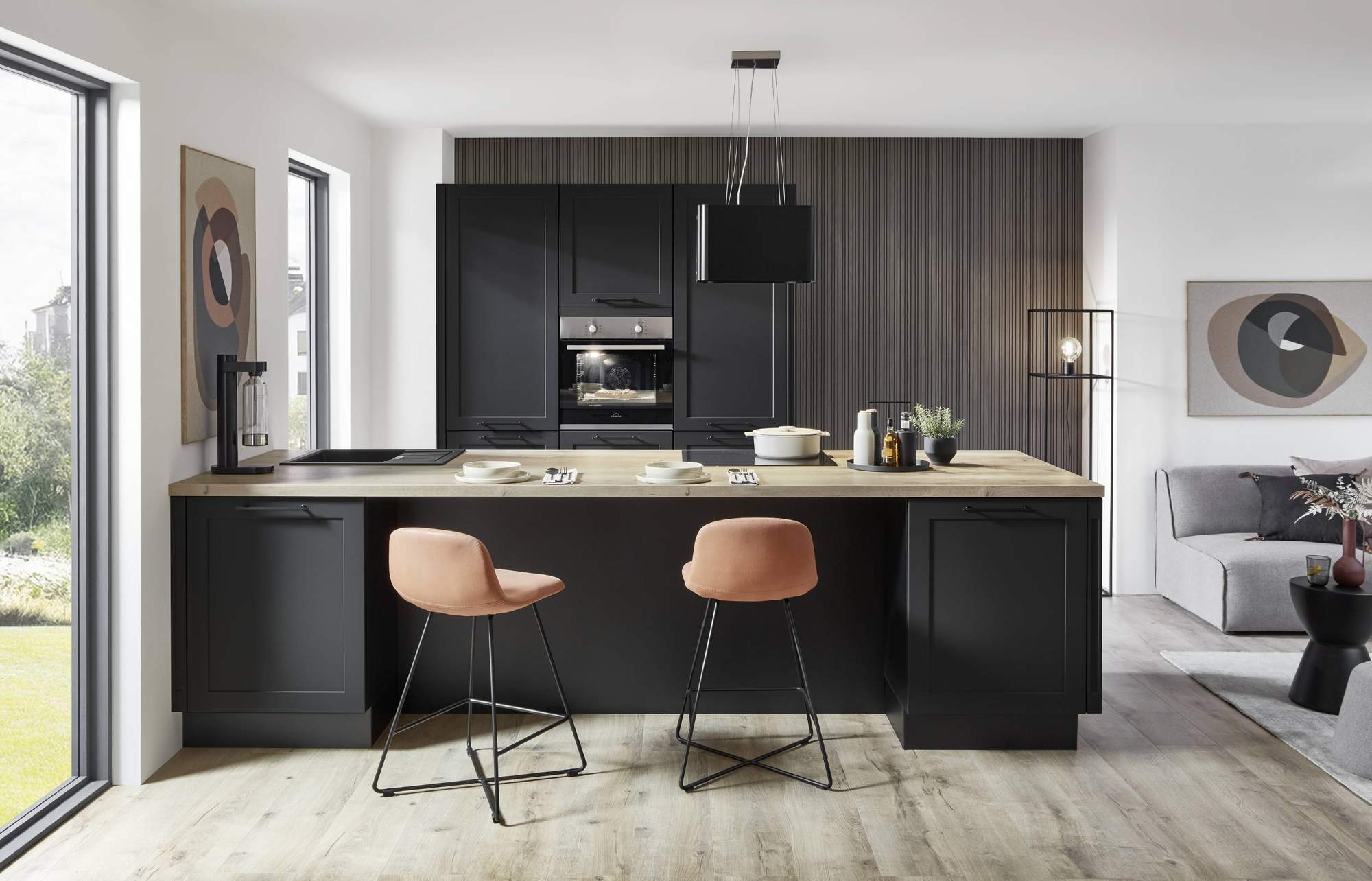 Nobilia Landhausküche mit Insel nordic schwarz perfect matt