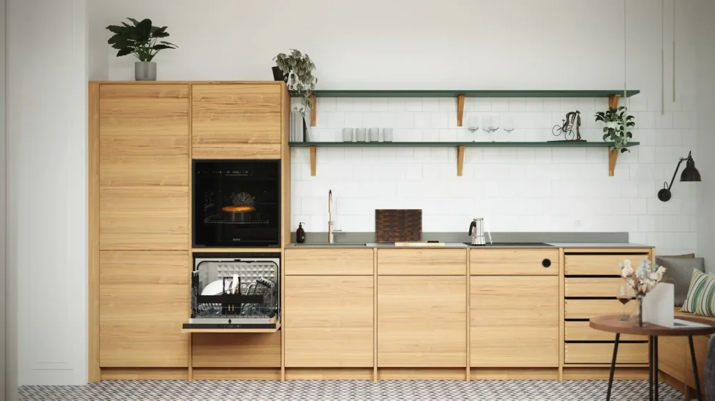 bora neuheiten 2027 Moderne Küche mit Holz und Schwarz mit BORA Dampfbackofen und Geschirrspüler